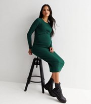 New Look Maternity Dark Green Ribbed Twist Midi Nursing Dress